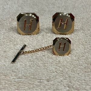 H Monogram Initial Letter Vintage Cuff Links & Tie Bar Clip Set Gold  Tone